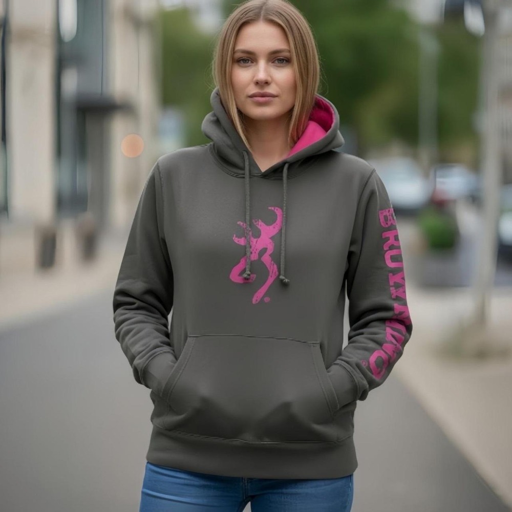 Browning For Her Womens Large Gray Pink Buckmark Logo Pullover Hoodie Sweatshirt